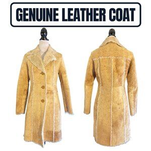 Leather Coat Women’s Small Beige Fur Lined Distress Cork Print Vintage Inspired